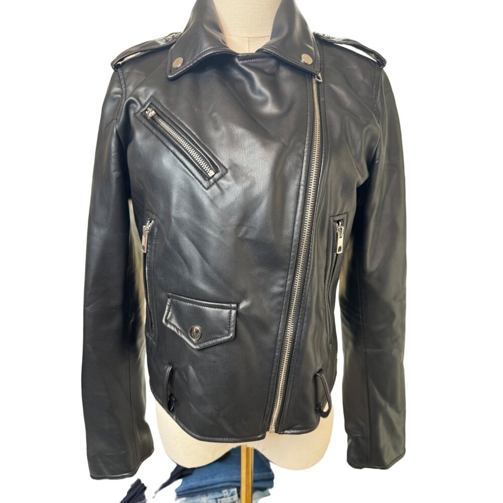 NWOT ZARA M Black Faux Leather Biker Jacket Zipper Details & Epaulettes - Picture 12 of 14